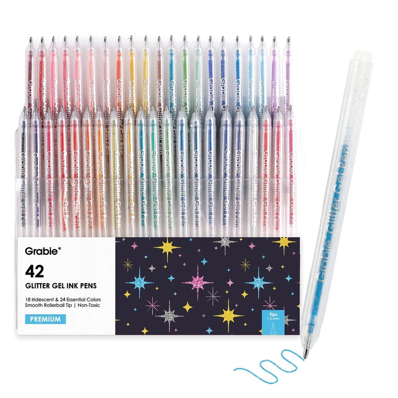Grabie 42 Capped Glitter Gel Pen Set  18 Iridescent&24 Essential Color Pens  Smooth Rollerball Tip  Metallic Sparkly Gel Pens For Coloring  Set Of 42 Gel Pens Colored - Image 1