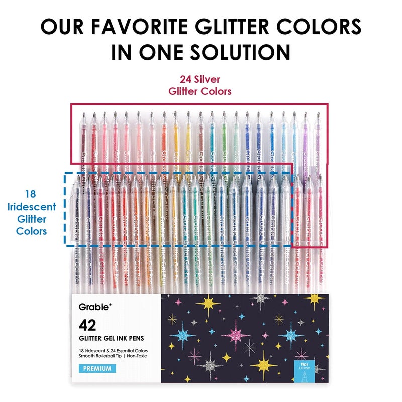 Grabie 42 Capped Glitter Gel Pen Set  18 Iridescent&24 Essential Color Pens  Smooth Rollerball Tip  Metallic Sparkly Gel Pens For Coloring  Set Of 42 Gel Pens Colored - Image 4