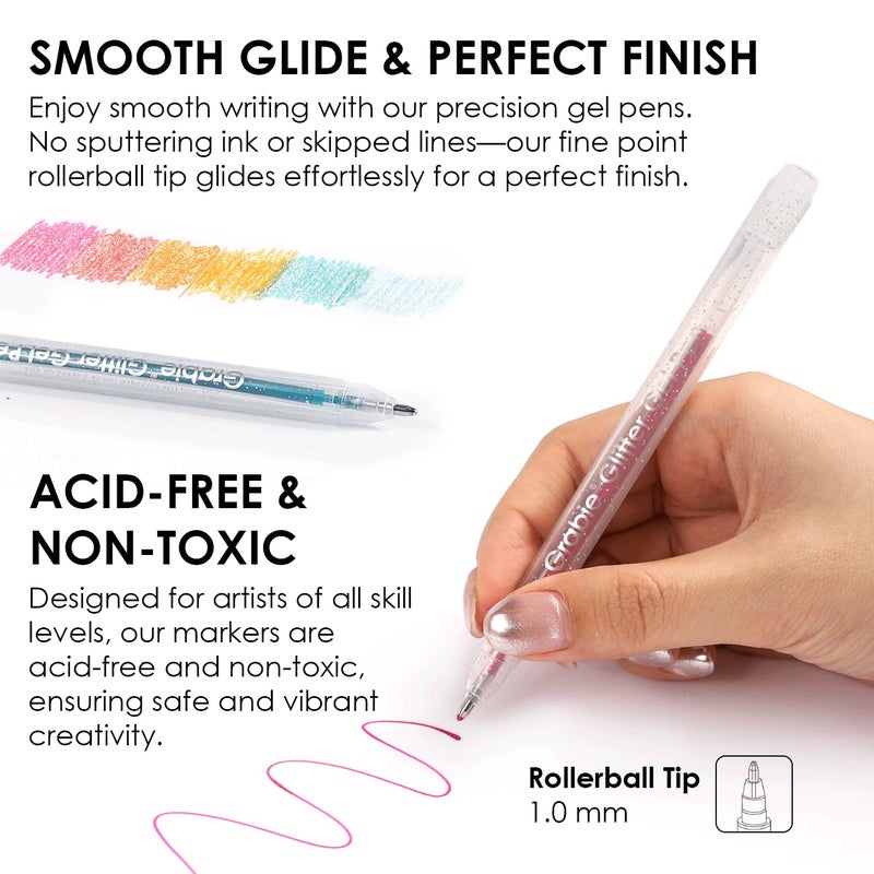 Grabie 42 Capped Glitter Gel Pen Set  18 Iridescent&24 Essential Color Pens  Smooth Rollerball Tip  Metallic Sparkly Gel Pens For Coloring  Set Of 42 Gel Pens Colored - Image 5