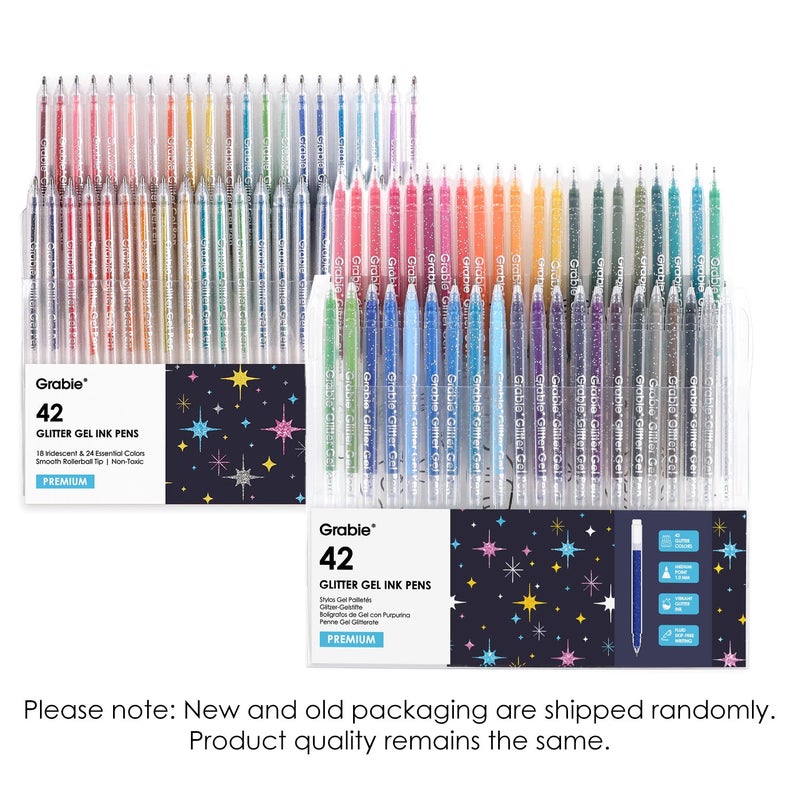 Grabie 42 Capped Glitter Gel Pen Set  18 Iridescent&24 Essential Color Pens  Smooth Rollerball Tip  Metallic Sparkly Gel Pens For Coloring  Set Of 42 Gel Pens Colored - Image 2