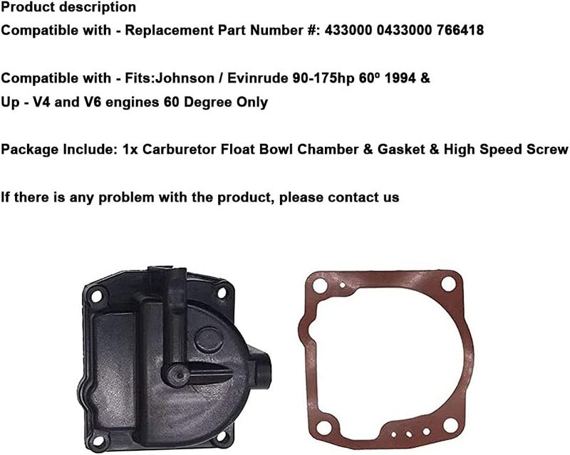 KINTLE 433000 Float Chamber Carburetor Bowl Kit Compatible with Johnson Evinrude 90-100-105-115-135-150-175HP, Replace 343870 433000 766418 - with 335070 Gasket - Image 4