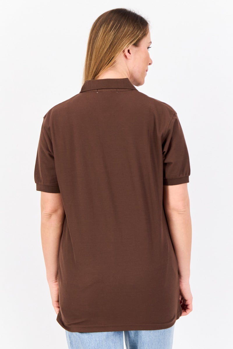 Featherlite Women Spread Collar Short Sleeve Plain Polo Shirt, Dark Brown  - Image 2