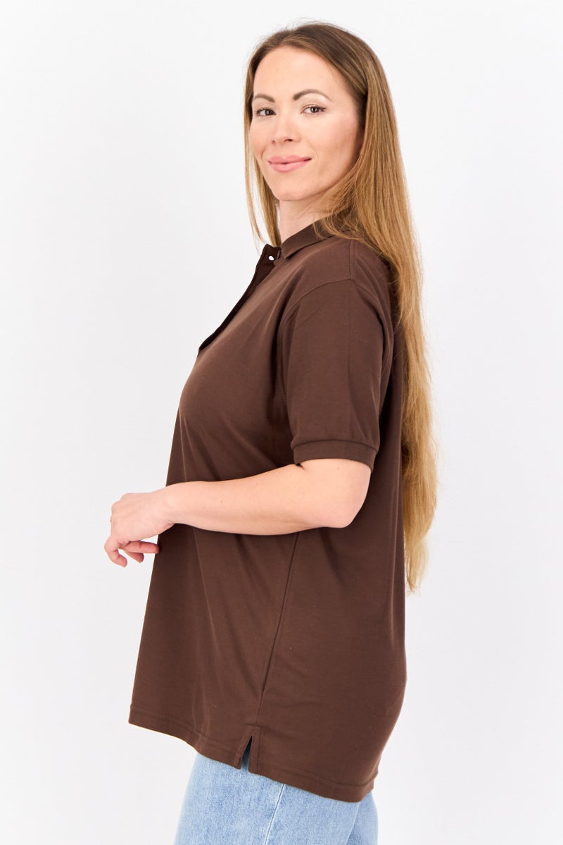 Featherlite Women Spread Collar Short Sleeve Plain Polo Shirt, Dark Brown  - Image 3