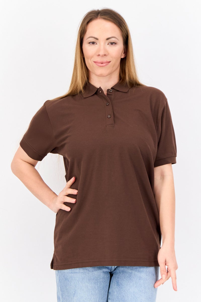 Featherlite Women Spread Collar Short Sleeve Plain Polo Shirt, Dark Brown  - Image 1