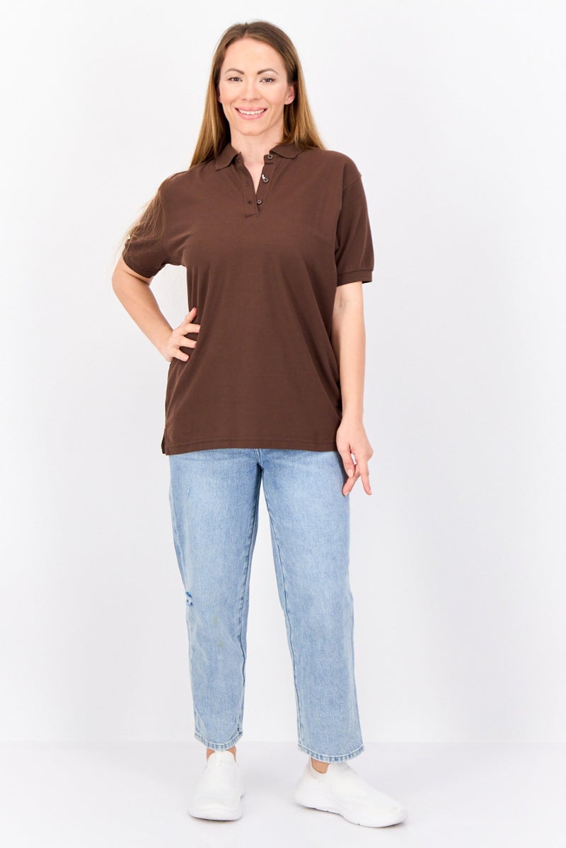 Featherlite Women Spread Collar Short Sleeve Plain Polo Shirt, Dark Brown  - Image 4