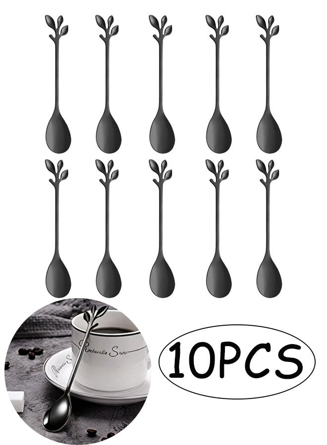 Black Coffee Spoons Stainless Steel Ice Cream Spoons 4.7 inch Tea Demitasse Stirring Spoon Smooth Edges Dishwasher Safe Mini Leaf Sugar Spoons for Dessert, Family Parties, Pack of 10 - Image 1