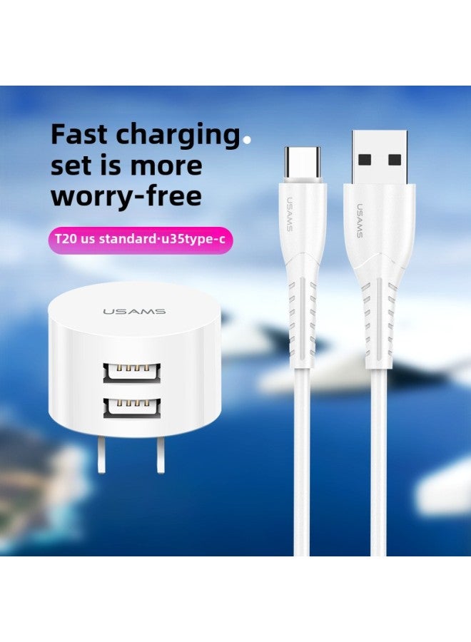 Youshengsi Dual Usb Charging Head Uk Standard Mobile Phone Charger Us Standard Fast Charging Head European Travel Converter-Color:White  Charging Head + TPYE-C Data Cable - Image 1