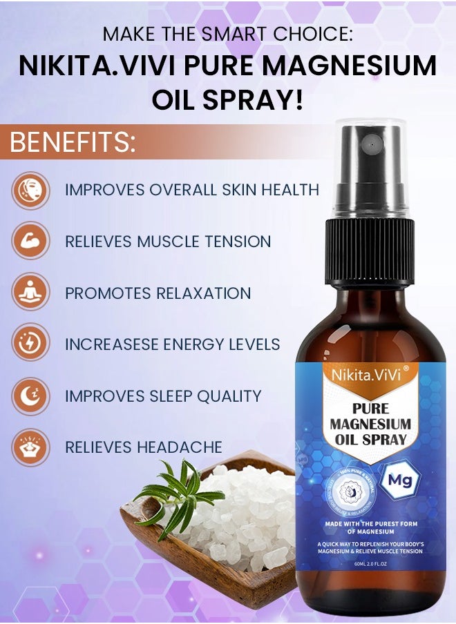 NIKITA.VIVI 60ml Pure Magnesium Oil Spray,Magnesium Spray for Sleep and Anxiety,100% Pure & Natural,Gluten Free,Magical Topical Magnesium Oil Spray,Non-GMO Magnesium Spray for Feet and Body Muscle Relaxation Oil  - Image 2