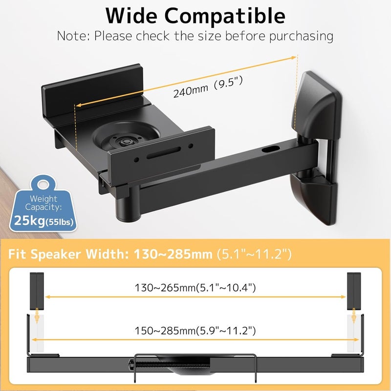 PUTORSEN Speaker Wall Mount – Fully Adjustable Universal Speaker Bracket Wall, 2 Pack Boxes Wall Mount, Holds up to 25 kg - Image 2
