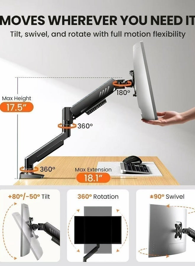Flushrenic Desktop display single arm bracket | 13-34 inch screen | VESA 75x75/100x100mm | -45 ° to 90 ° tilt&± 90 ° rotation&360 ° rotation | Space saving design | Black - Image 4