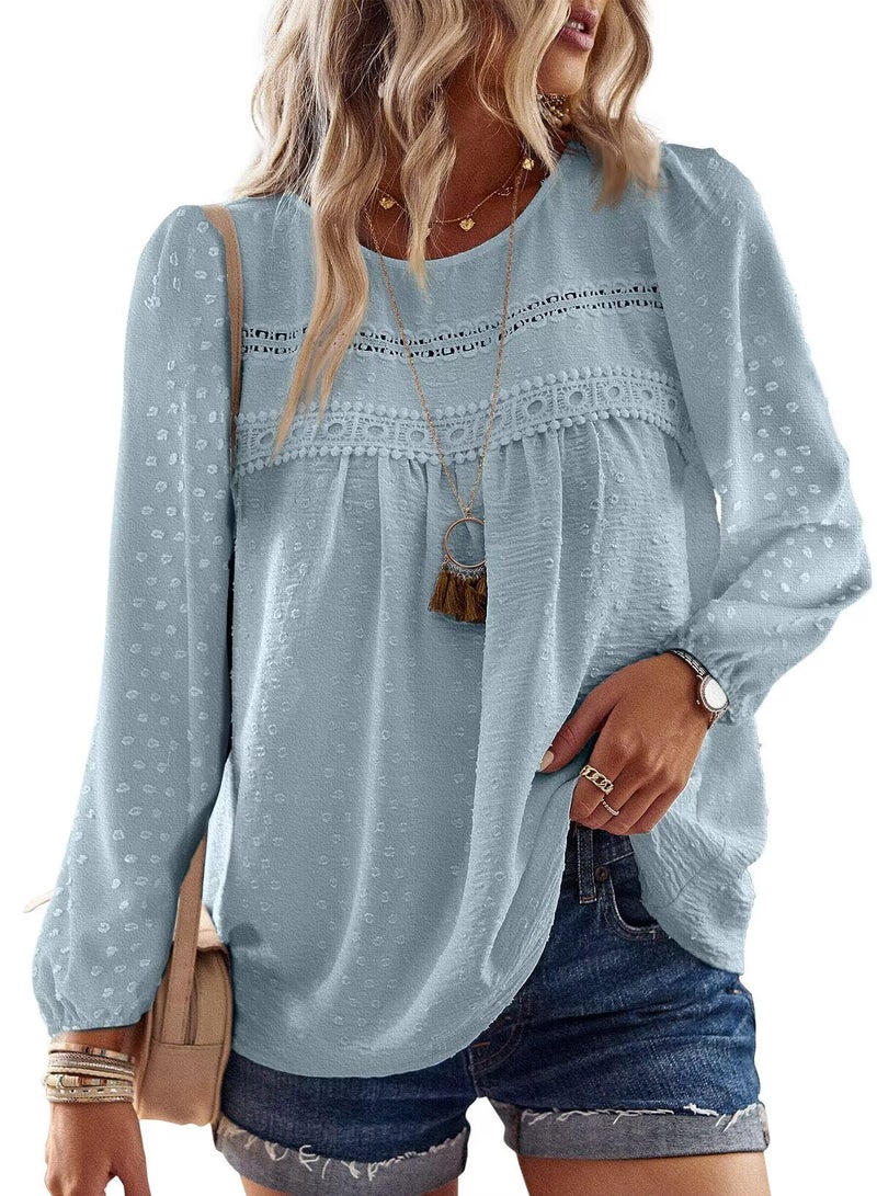 Falechay Womens Summer Tops Solid Blouses for Women Fashion 2026 Long Sleeve Boho Pullover Flowy Round Neck Tunic Fall Loose Grey Green L - Image 1