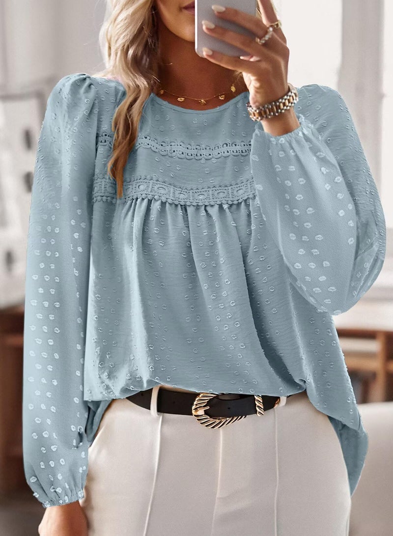 Falechay Womens Summer Tops Solid Blouses for Women Fashion 2026 Long Sleeve Boho Pullover Flowy Round Neck Tunic Fall Loose Grey Green L - Image 4