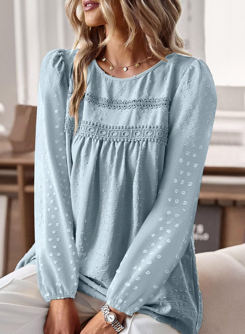 Falechay Womens Summer Tops Solid Blouses for Women Fashion 2026 Long Sleeve Boho Pullover Flowy Round Neck Tunic Fall Loose Grey Green L - Image 2