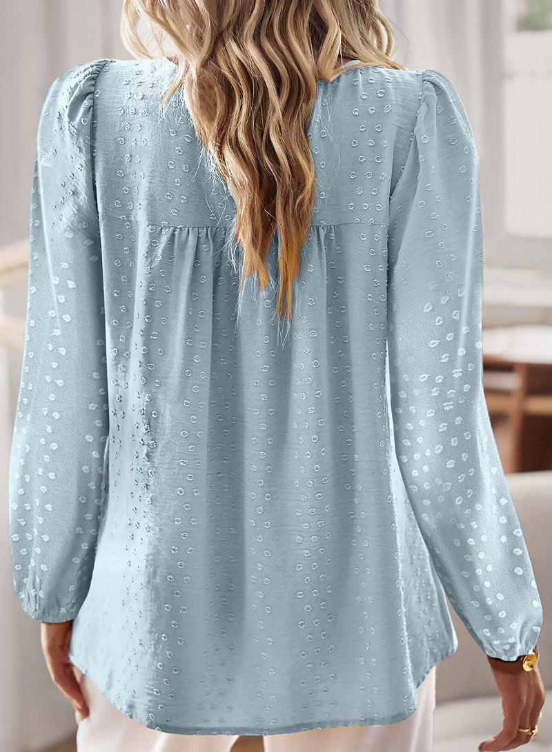 Falechay Womens Summer Tops Solid Blouses for Women Fashion 2026 Long Sleeve Boho Pullover Flowy Round Neck Tunic Fall Loose Grey Green L - Image 3
