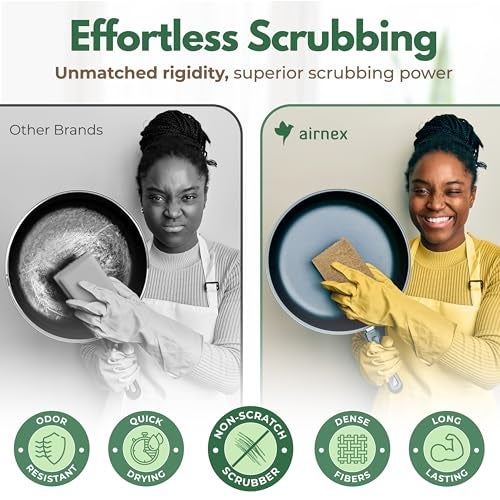 AIRNEX Plant Based Kitchen Scouring Pads - Pack of 24 Coconut Husk Non Abrasive Scrubbing Pads - Multipurpose Scrubbies for Dishes - Heavy Duty Dishes, Pan and Pot Scrubbers for Kitchen Non Scratch - Image 3