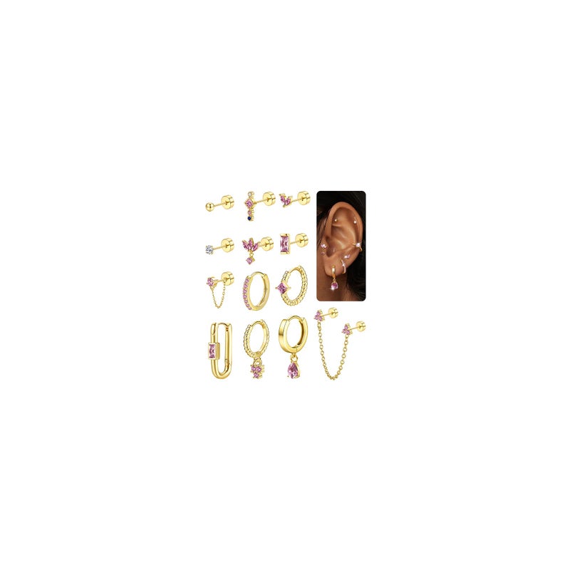 Sanfenly Stud Earrings Small Gold Hoop Earrings Set for Women Flat Back Earring Hypoallergenic Cartilage Earring Lightweight Dainty 14K Gold Stud Earrings for Multiple Piercing Set (Single 13 PCS) - Image 1