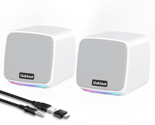Uakinat Computer Speakers for Desktop PC, USB Powered 3.5mm Aux Speaker for PC, Laptop, Tablet, Phone, Plug and Play with Volume Control, White - Image 1