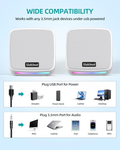 Uakinat Computer Speakers for Desktop PC, USB Powered 3.5mm Aux Speaker for PC, Laptop, Tablet, Phone, Plug and Play with Volume Control, White - Image 5