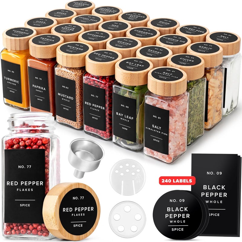EDELHAUS ® Square Spice Jars with Bamboo Wooden Lid (Pack of 24) Spice Jars with Shaker Insert and 240 Labels - Bamboo Lid Glass Container for Spice Organisation [4.3 in × 1.8 in] - Image 1