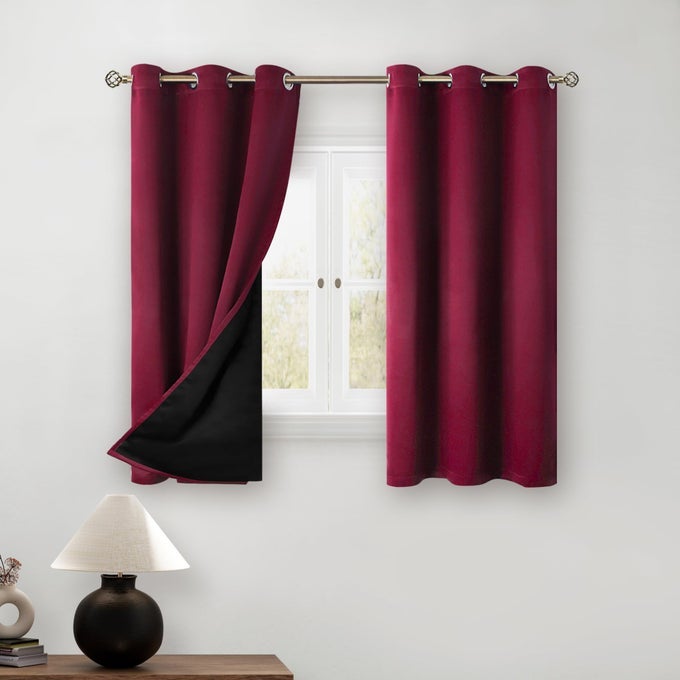 THERMAL INSULATED 100 BLACKOUT CURTAINS FOR BEDROOM WITH BLACK LINER DOUBLE LAYER FULL ROOM DARKENING NOISE REDUCING GROMMET CURTAIN 52 X 63 INCH BURGUNDY RED 2 PANELS