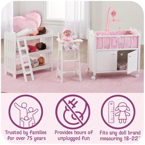 Badger Basket Doll Bunk Bed with Bedding & Ladder - Two Level Wooden Bed for Dolls, Includes Bedding & Accessories- White/Pink Gingham - Image 3