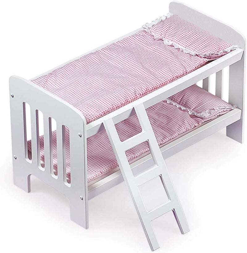 Badger Basket Doll Bunk Bed with Bedding & Ladder - Two Level Wooden Bed for Dolls, Includes Bedding & Accessories- White/Pink Gingham - Image 1