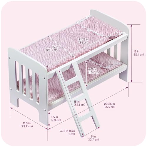 Badger Basket Doll Bunk Bed with Bedding & Ladder - Two Level Wooden Bed for Dolls, Includes Bedding & Accessories- White/Pink Gingham - Image 4