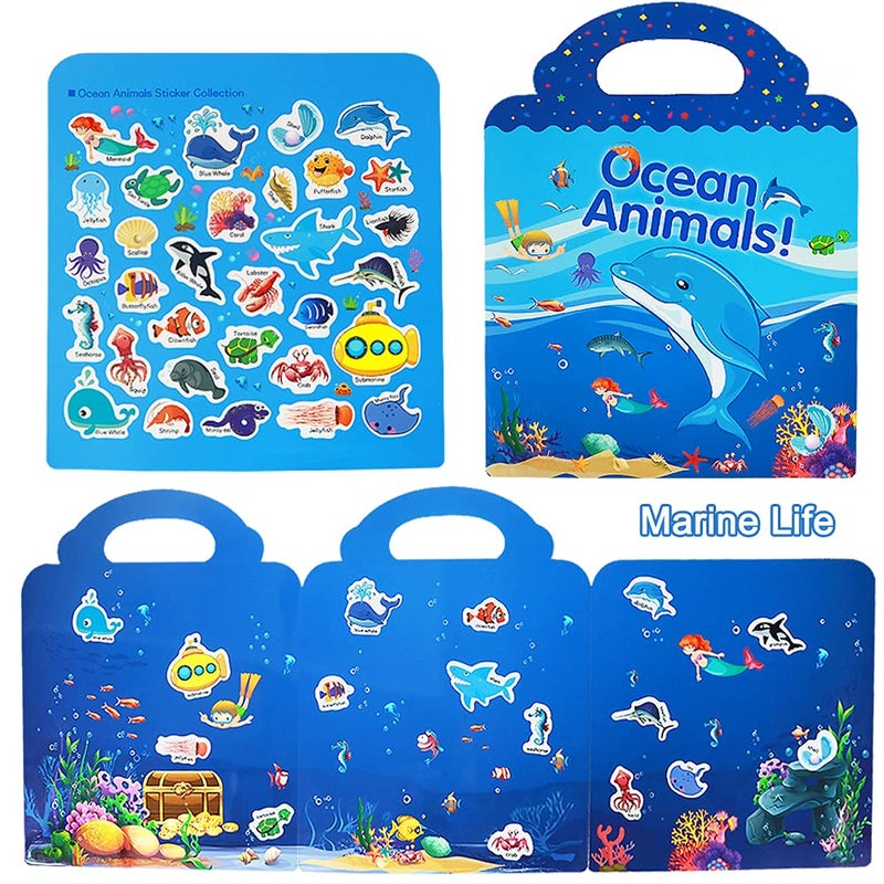 Yowlieu Reusable Sticker Books for Kids, 2 Sets Travel Removable Toddler Sticker Books for 3 4 5 Year Old Girls Boys Birthday Gifts Educational Learning Toys - Ocean & Zoo Animals - Image 4