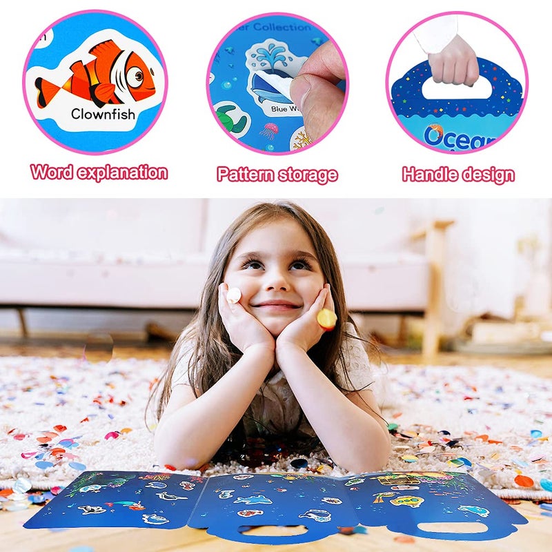 Yowlieu Reusable Sticker Books for Kids, 2 Sets Travel Removable Toddler Sticker Books for 3 4 5 Year Old Girls Boys Birthday Gifts Educational Learning Toys - Ocean & Zoo Animals - Image 2