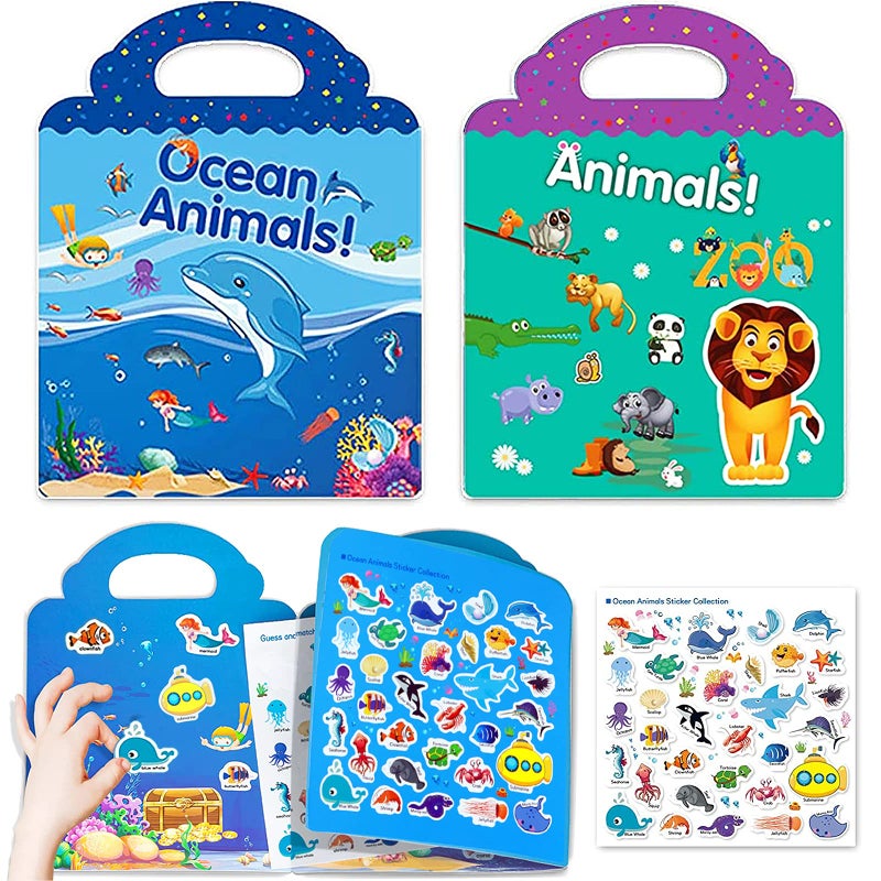 Yowlieu Reusable Sticker Books for Kids, 2 Sets Travel Removable Toddler Sticker Books for 3 4 5 Year Old Girls Boys Birthday Gifts Educational Learning Toys - Ocean & Zoo Animals - Image 1