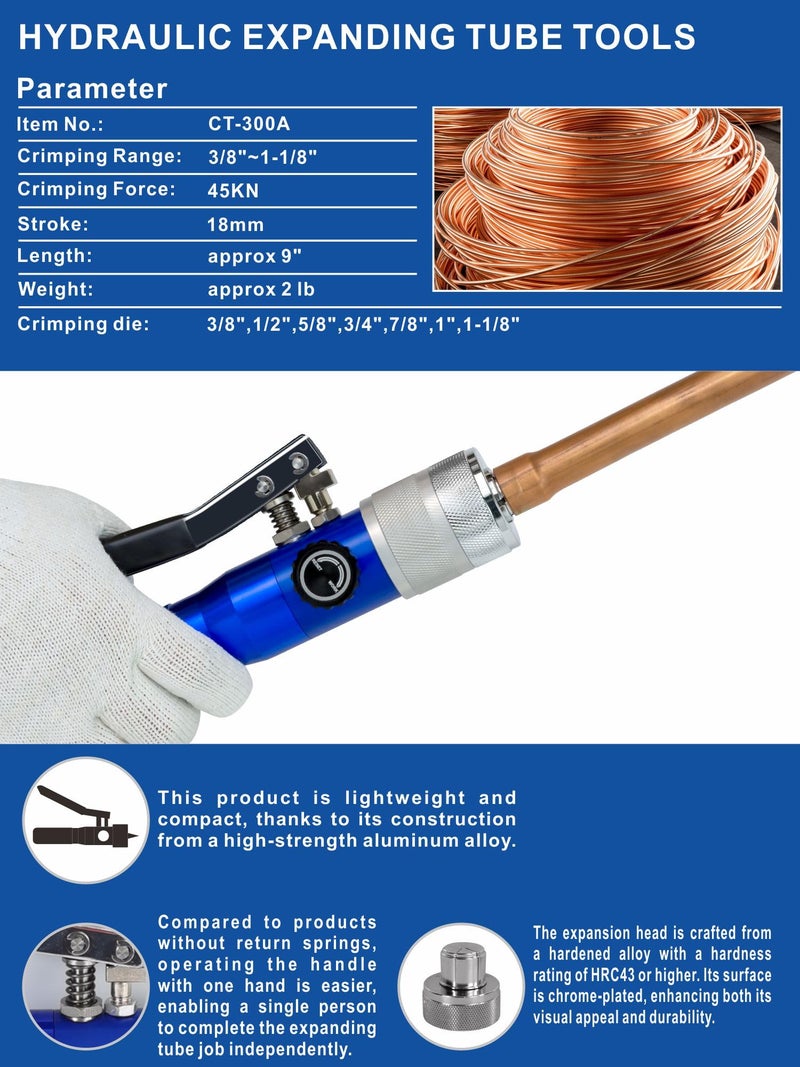 AMZCNC Hydraulic Tube Expander Compact Swaging Tool Kit with Tube Cutter, Deburring Tool and 7 Expander Heads for 3/8 to 1-1/8 Inches Copper Pipes HVAC Expander Tools (3/8“~1-1/8”), CT-300 - Image 2