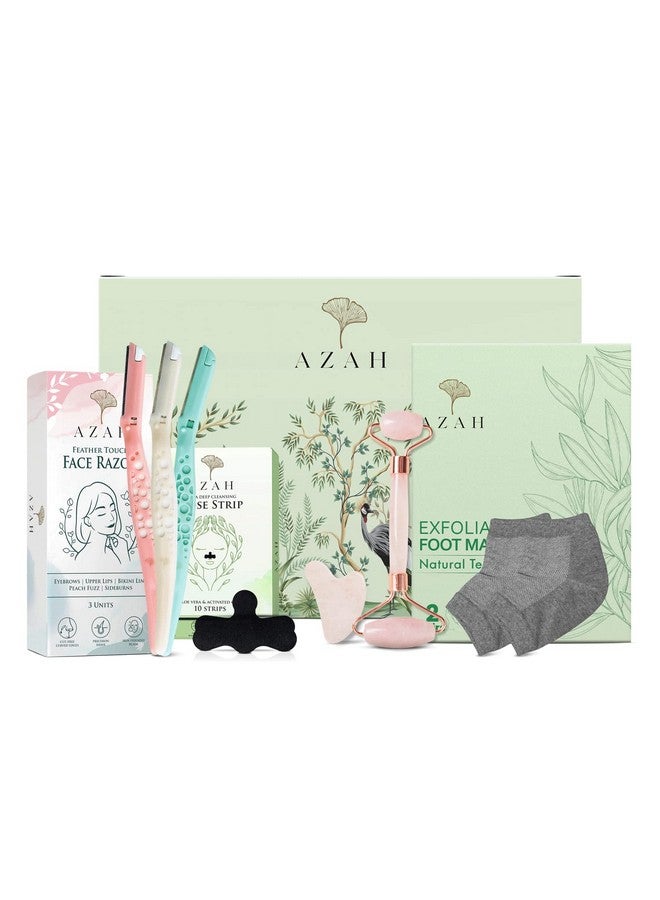 AZAH Gift Box For Women | Skincare Gift Set | Self Care Hamper | Great Gift For Wife, Friend, Sister | Rose Quartz Roller & Gua Sha, Face Razor, Foot Mask, Nose Strips & Moisturising Socks… - Image 1