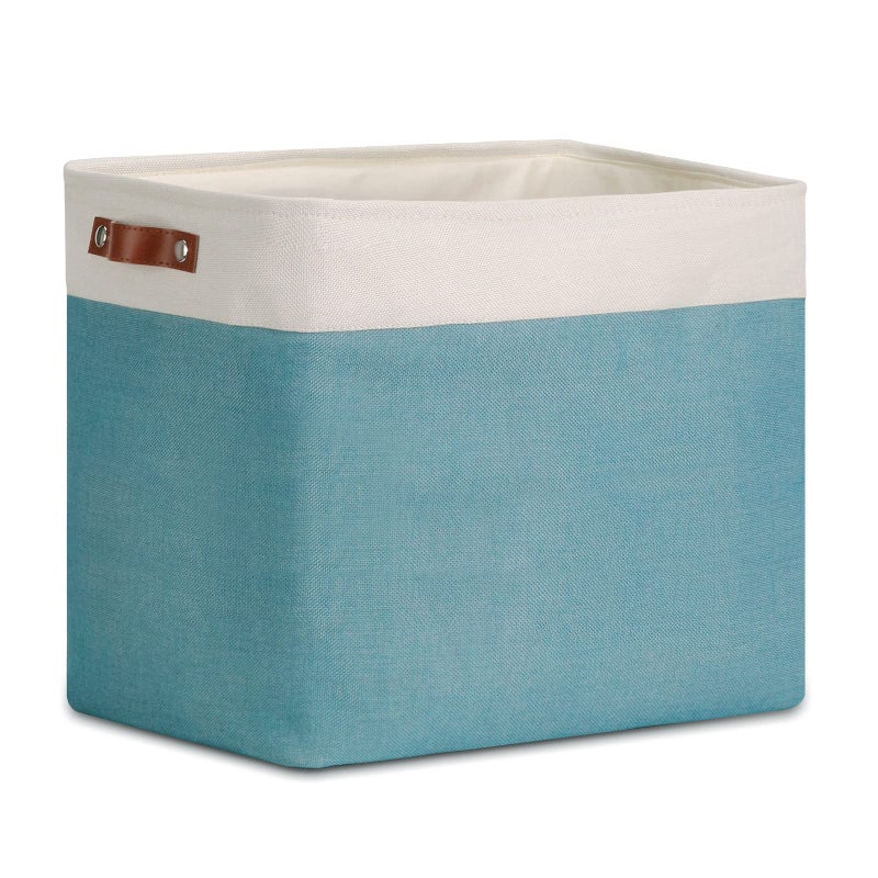 DULLEMELO Large Collapsible Storage BasketBin with Sturdy Leather Handles Fabric Organizer Bin for Storage Clothes Toys Books Office Bedroom Closet Nursery Laundry WhiteTeal