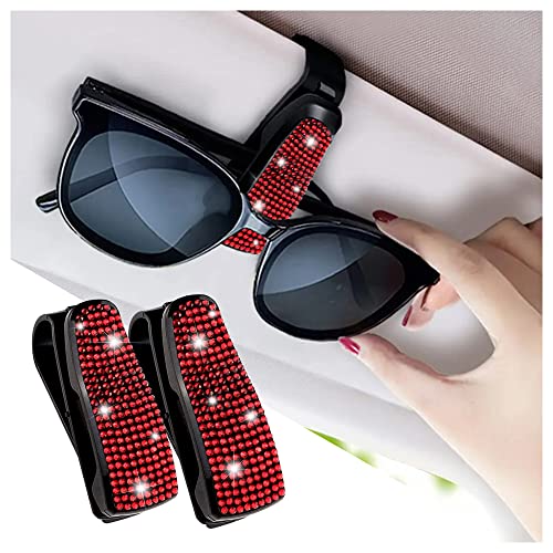 Turcee Set of 2 Bling Rhinestone Car Sun Visor Glasses Holders with AntiScratch SpongeCar Decoration for Women GirlsTicket Card Clip Visor OrganizerUniversal Rhinestone Car Accessories Red2pcs - Image 1