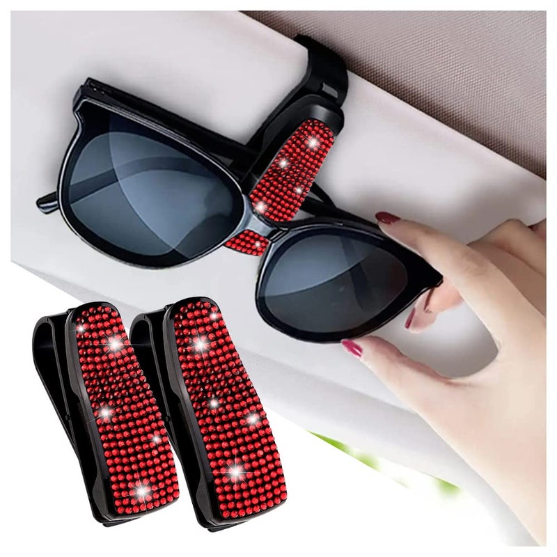 Turcee Set of 2 Bling Rhinestone Car Sun Visor Glasses Holders with AntiScratch SpongeCar Decoration for Women GirlsTicket Card Clip Visor OrganizerUniversal Rhinestone Car Accessories Red2pcs - Image 3