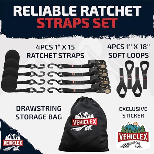 Vehiclex Ratchet Tie Down Straps (1,800 lbs Break Strength) - Vehiclex 15 Ft Versatile Straps for Powersports, Garage, and Outdoor Use - Soft Loops, Deep S-Hooks & Comfort Grip Handle (4 Pack, Black) - Image 4