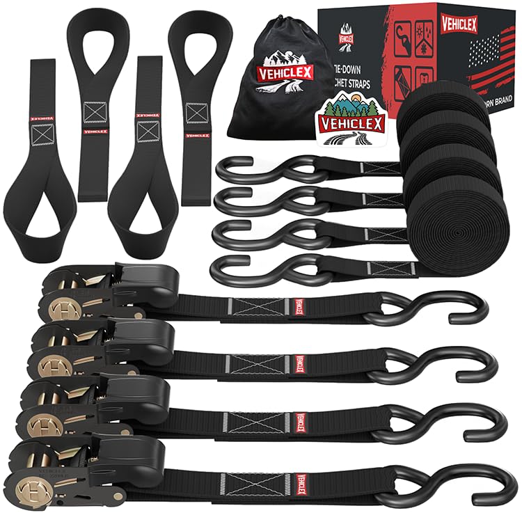 Vehiclex Ratchet Tie Down Straps (1,800 lbs Break Strength) - Vehiclex 15 Ft Versatile Straps for Powersports, Garage, and Outdoor Use - Soft Loops, Deep S-Hooks & Comfort Grip Handle (4 Pack, Black) - Image 1