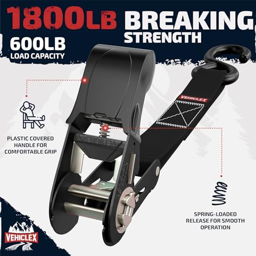 Vehiclex Ratchet Tie Down Straps (1,800 lbs Break Strength) - Vehiclex 15 Ft Versatile Straps for Powersports, Garage, and Outdoor Use - Soft Loops, Deep S-Hooks & Comfort Grip Handle (4 Pack, Black) - Image 2