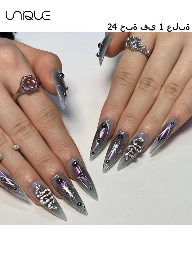 Unique 24Pcs Fake Nails, Press Nails, Long Almond Manicure -  Dark Butterfly Nail Art - Serpentine Dot Diamond Manicure - Fake Nail Patch - Image 1