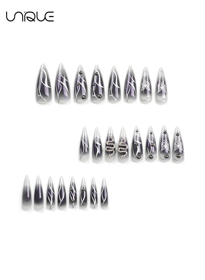 Unique 24Pcs Fake Nails, Press Nails, Long Almond Manicure -  Dark Butterfly Nail Art - Serpentine Dot Diamond Manicure - Fake Nail Patch - Image 3