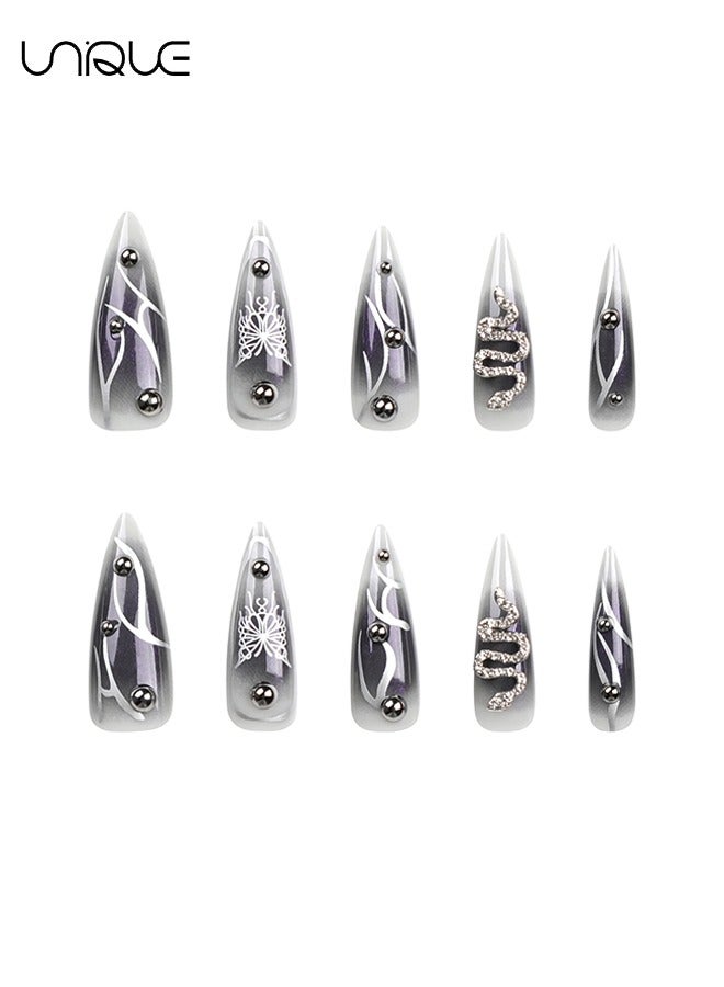 Unique 24Pcs Fake Nails, Press Nails, Long Almond Manicure -  Dark Butterfly Nail Art - Serpentine Dot Diamond Manicure - Fake Nail Patch - Image 4