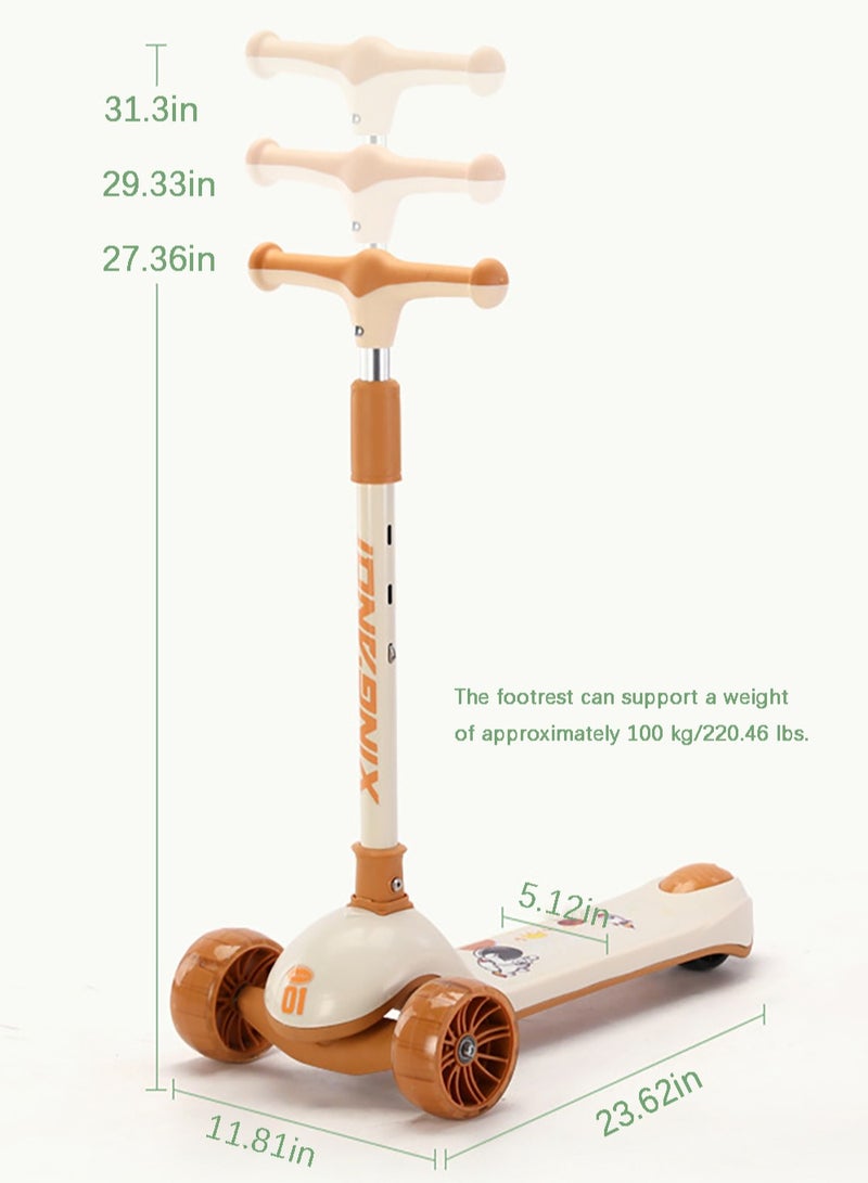 Flushrenic Children's scooter, 3-wheel scooter, 3-speed adjustable height, tilt steering, light-up wheels, extra-wide deck, easy to assemble, suitable for children aged 3-12 (milk coffee colour) - Image 2