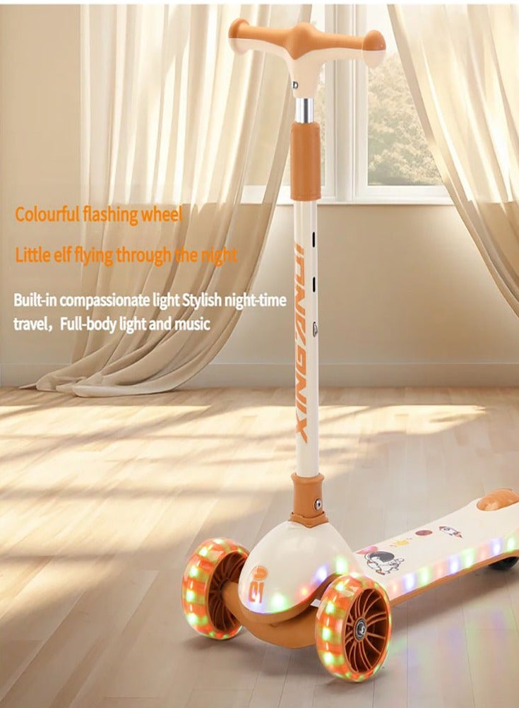 Flushrenic Children's scooter, 3-wheel scooter, 3-speed adjustable height, tilt steering, light-up wheels, extra-wide deck, easy to assemble, suitable for children aged 3-12 (milk coffee colour) - Image 4