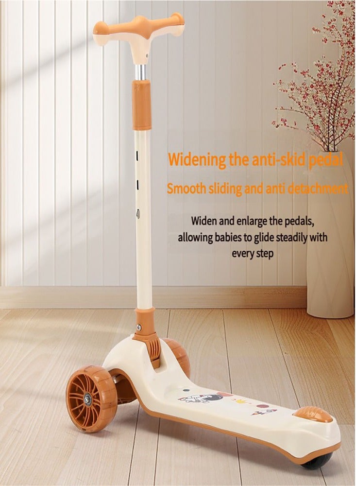 Flushrenic Children's scooter, 3-wheel scooter, 3-speed adjustable height, tilt steering, light-up wheels, extra-wide deck, easy to assemble, suitable for children aged 3-12 (milk coffee colour) - Image 5