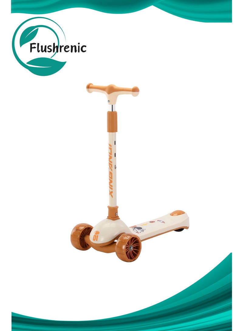Flushrenic Children's scooter, 3-wheel scooter, 3-speed adjustable height, tilt steering, light-up wheels, extra-wide deck, easy to assemble, suitable for children aged 3-12 (milk coffee colour) - Image 1