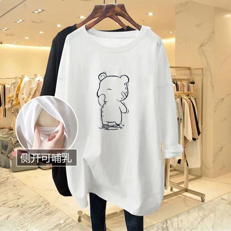 Maternity Nursing Tee Long Sleeve Spring Autumn White# Hand Covered Pencil Bear 