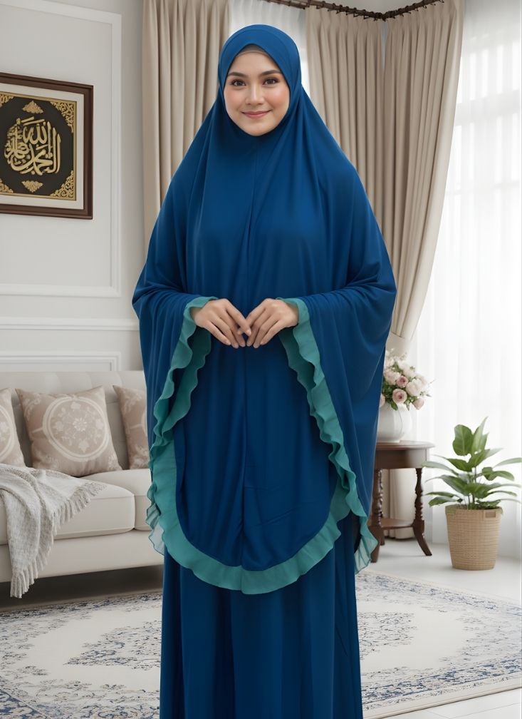 Premium Deep Navy Blue Prayer Dress with Green Trim – Stylish Modest Abaya for Daily & Salah Wear - Image 3