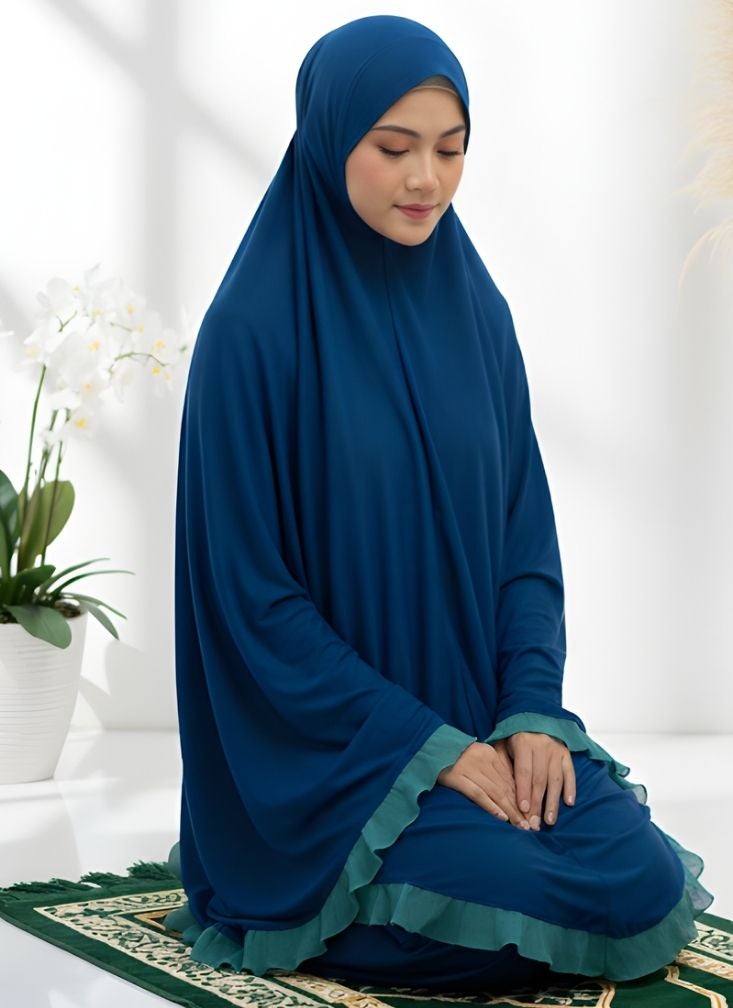 Premium Deep Navy Blue Prayer Dress with Green Trim – Stylish Modest Abaya for Daily & Salah Wear - Image 2