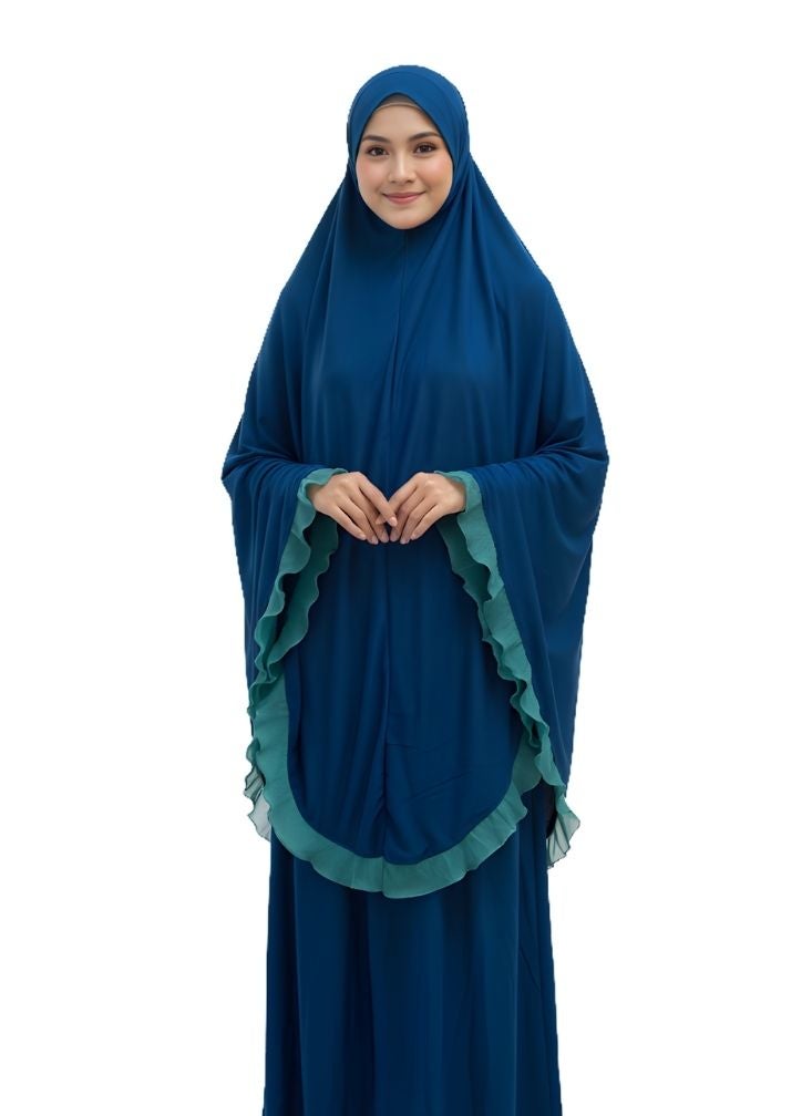 Premium Deep Navy Blue Prayer Dress with Green Trim – Stylish Modest Abaya for Daily & Salah Wear - Image 1