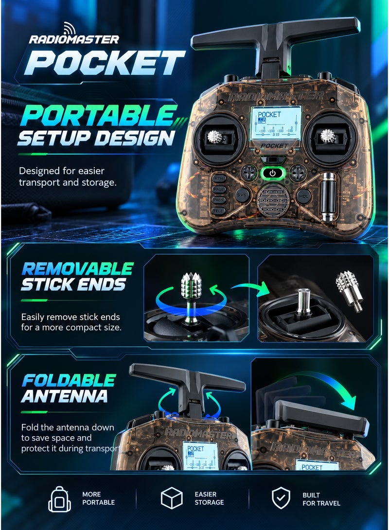 RadioMaster Pocket Portable Remote Controller Hall Gimbal EdgeTX Built in LED Light Mode 2 (Charcoal, ELRS) - Image 4